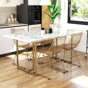Astor 64 in. Rectangle White Faux Marble Top 4-Seating Dining Table With Gold Legs