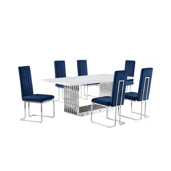 Lisa 7-Piece Rectangle White Marble Top Stainless Steel Base Dining Set With 6-Navy Blue Velvet Chrome Iron Leg Chairs