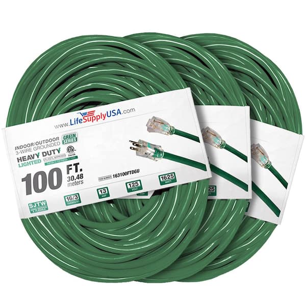LifeSupplyUSA 100 ft. 16-Gauge/3-Conductors SJTW Indoor/Outdoor Extension Cord with Lighted End Green (3-Pack)