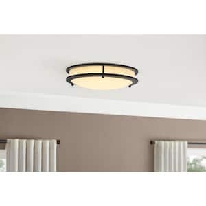 Flaxmere 14 in. Bronze Dimmable Integrated LED Flush Mount Ceiling Light with Frosted White Glass Shade