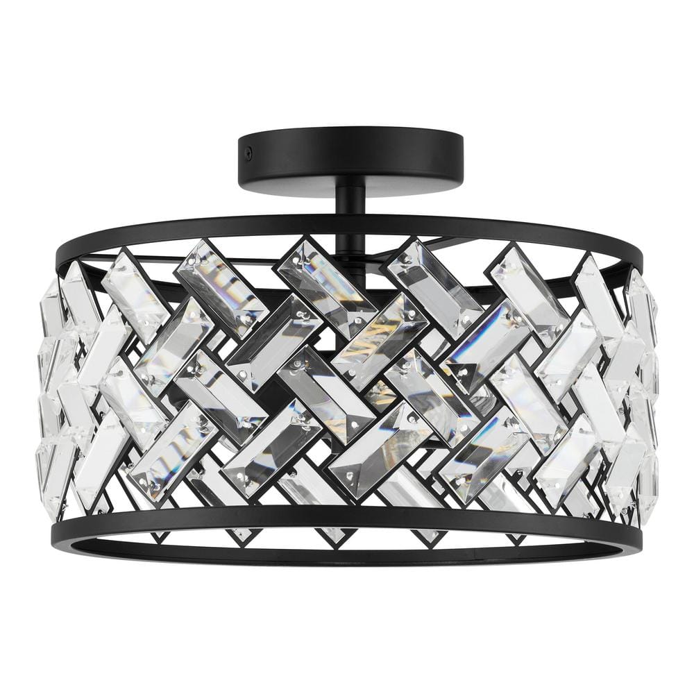 Ravenwing 13 in. 2-Light Matte Black Semi-Flush Mount with Crystal Glass Shade