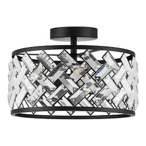 Ravenwing 13 in. 2-Light Matte Black Semi-Flush Mount with Crystal Glass Shade