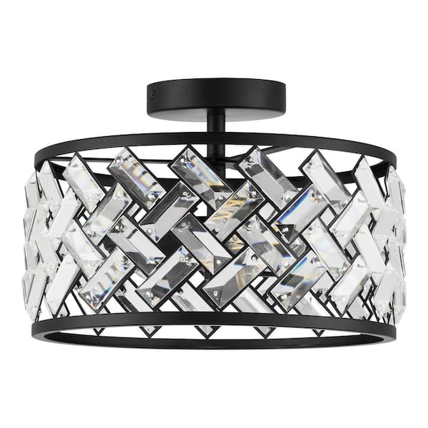 Home Decorators Collection Ravenwing 13 in. 2-Light Matte Black Semi-Flush Mount with Crystal Glass Shade