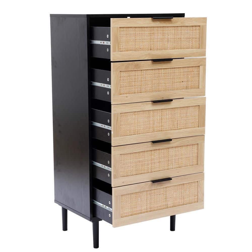 Mid-Century Black and Rattan 5-Drawer Vertical Chest