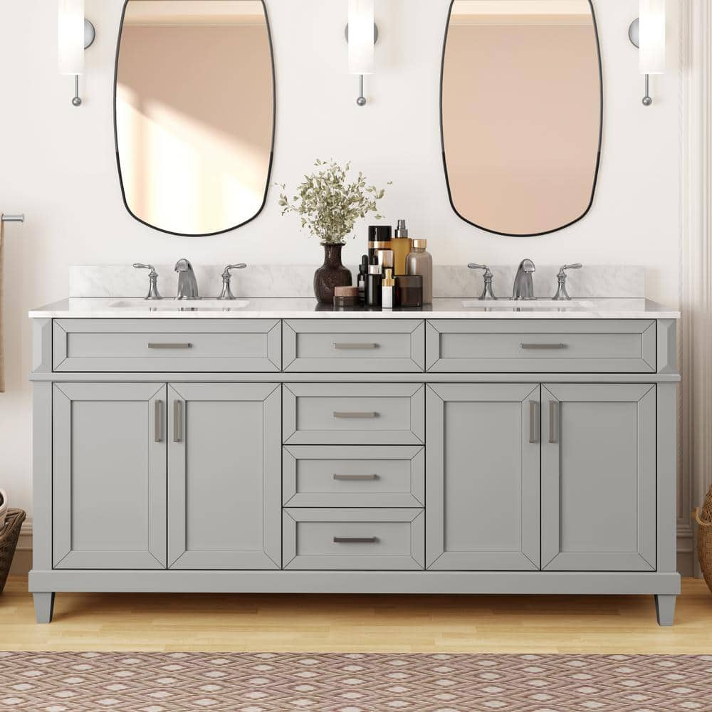 Talmore 72 in W x 22 in D x 35 in H Double Sink Bath Vanity in Sky Grey With White Engineered Carrara Marble Top -  Home Decorators Collection, TJ-0201V7222GR