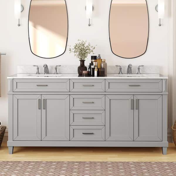 Talmore 72 in. Double Sink Sky Grey Bath Vanity with White Engineered Carrara Marble Top (Assembled)