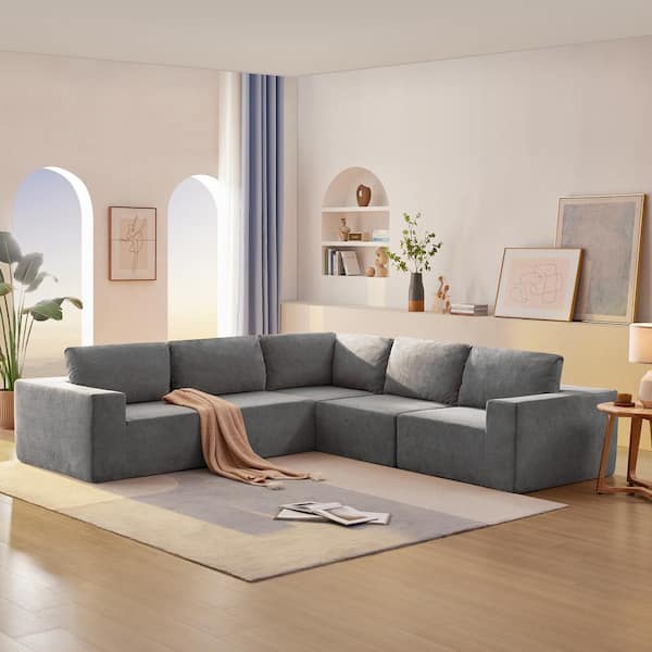 Harper & Bright Designs 116 in. Square Arm 5-Piece Terrycloth Fabric L-Shape Convertible Sectional Sofa in Gray