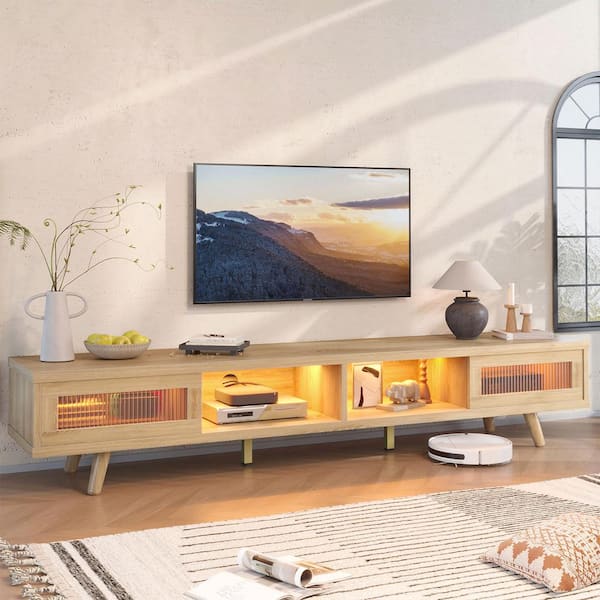 Bestier 70 in. Mid-Century TV Stand Fits TVs up to 75 in. with LED Light Ribbed Glass Sliding Door and Open Shelves Natural Oak