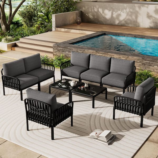 9-Piece Plastic Patio Conversation Set with Gray Cushions