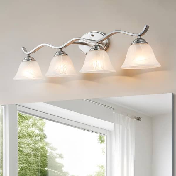 Niebla 31.5 in. W 4-Light Brushed Nickel Bathroom Vanity Light Bell Wall Sconce Fixture with Marbleized Glass Shades