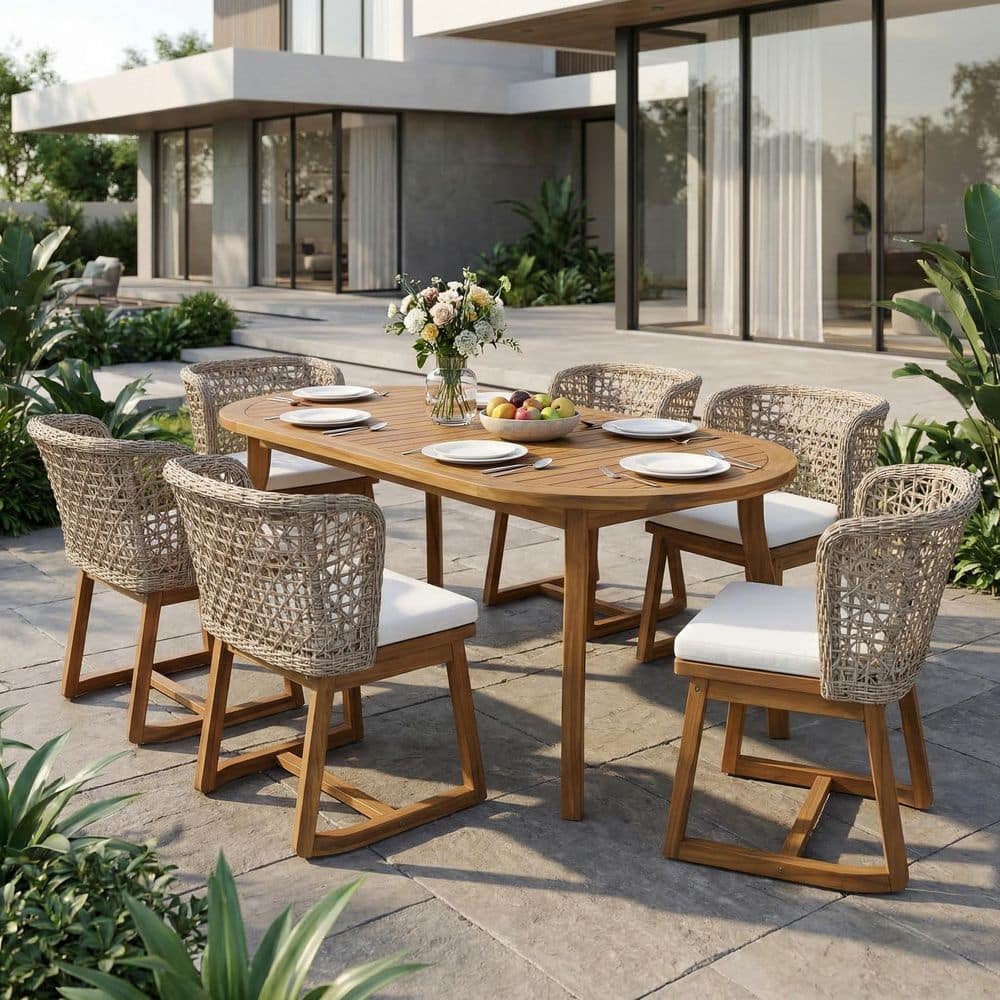 Winter 7-Piece Oval Teak Solid Wood Top Outdoor Dining Table Set with Beige Cushion Seats 6