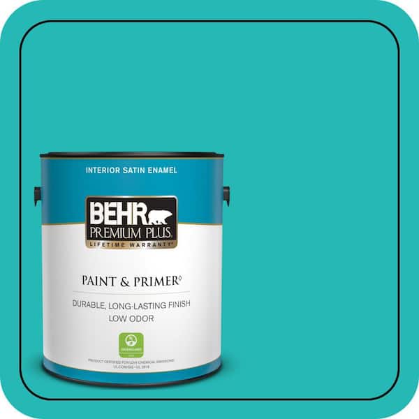 BEHR PREMIUM PLUS 1 gal. #MQ4-21 Caicos Turquoise Satin Enamel Low Odor Interior Paint & Primer