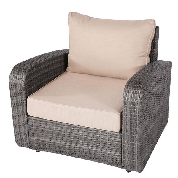 moda furnishings Penny Grey Wicker Outdoor Chaise Lounge with Beige Cushions