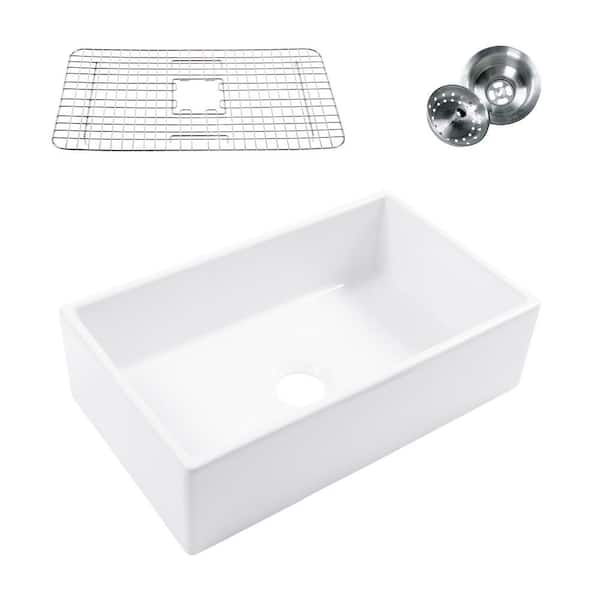 SINKOLOGY Turner 30 in. Farmhouse Apron Front Undermount Single Bowl Crisp White Fireclay Kitchen Sink with Bottom Grid and Drain