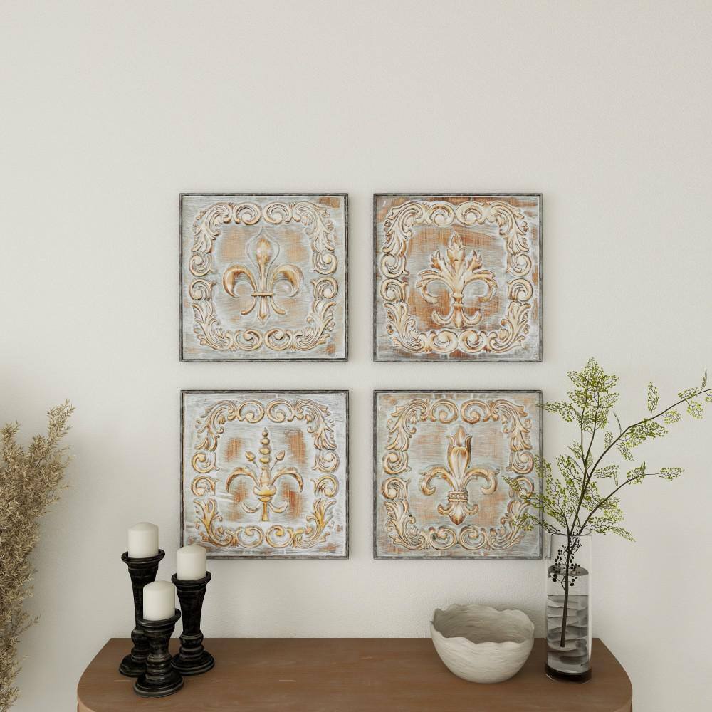 Set of Four Brass Finish Embossed Copper Alloy Wall Sculptures