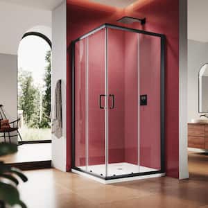 34 in. W x 72 in. H Square Double Sliding Framed Corner Shower Enclosure in Matte Black Finish with Clear Glass