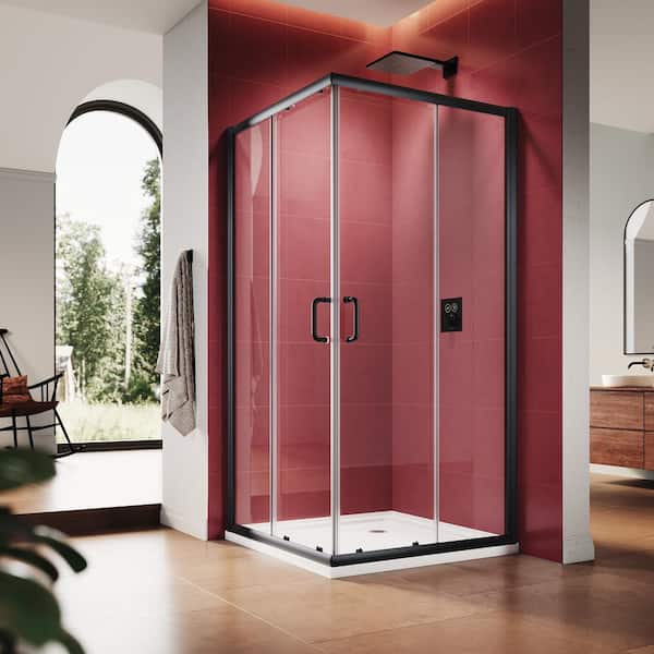 Unbranded 34 in. W x 72 in. H Square Double Sliding Framed Corner Shower Enclosure in Matte Black Finish with Clear Glass