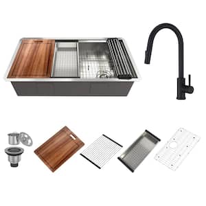 36 in. Drop-In/Undermount Single Bowl 18-Gauge Brushed Stainless Steel Kitchen Sink with with Faucet and Accessories