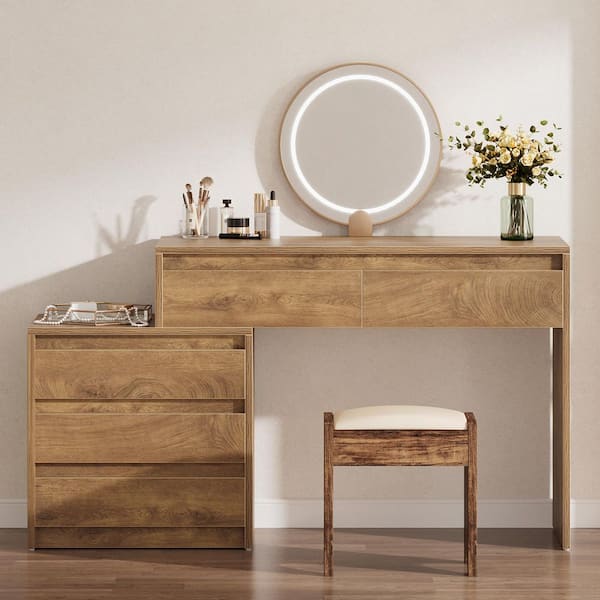 BYBLIGHT Helotes 63 in. Brown Makeup Vanity Table Make Up Desk Large Dressing Table with 5-Drawers for Bedroom for Women Girl