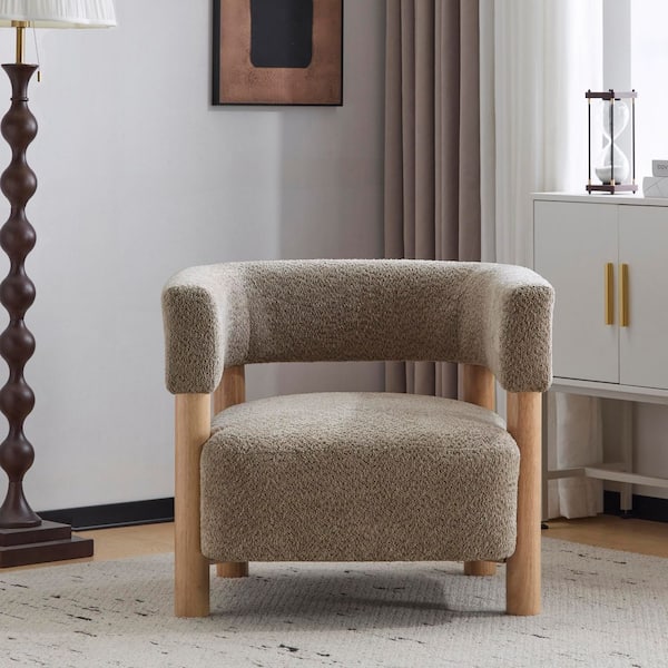 Alcott Light Camel Boucle Fabric Upholstered Solid Wood Accent Arm Chair