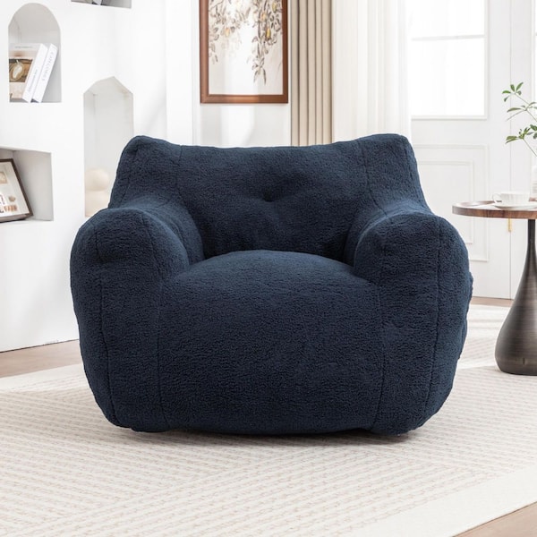 Polyester-Teddy Dark Blue Lounge Bean Bag Chair with Armrests, Ergonomic Floor Chair
