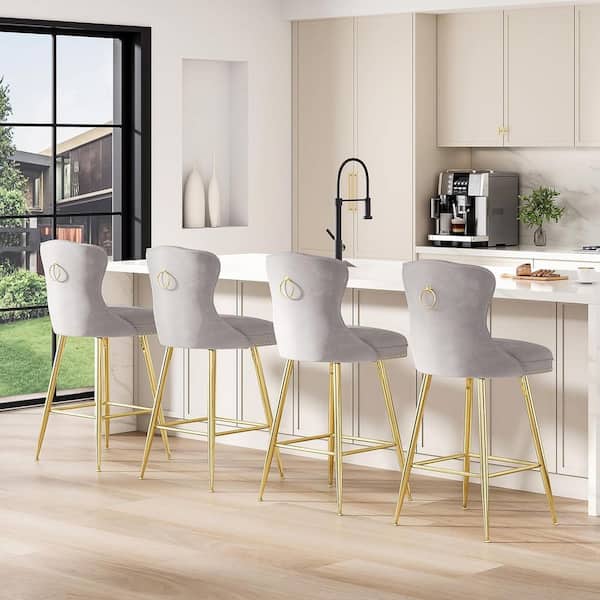 Lirago Gray Velvet Counter Height Bar Stool with Metal Legs (Set of 2)