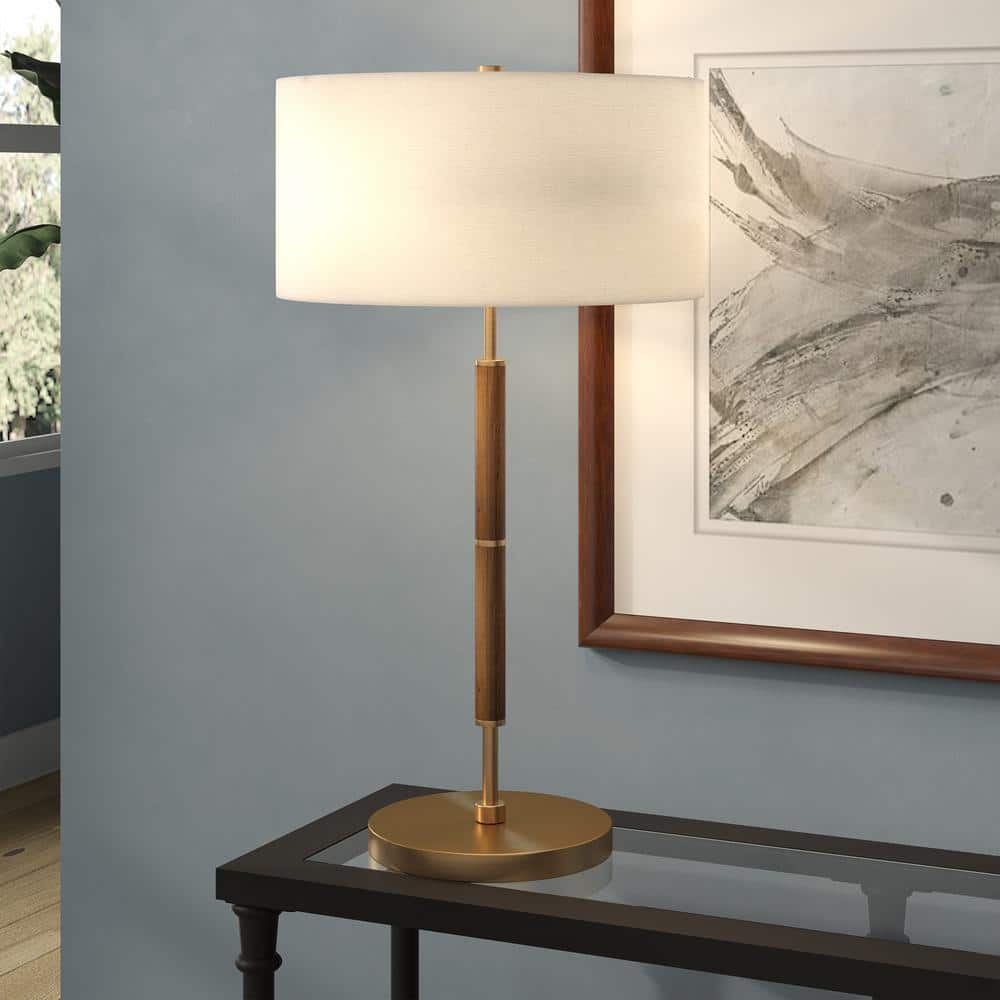 Rustic Oak & Brass Smart-Adjustable 2-Bulb Table Lamp