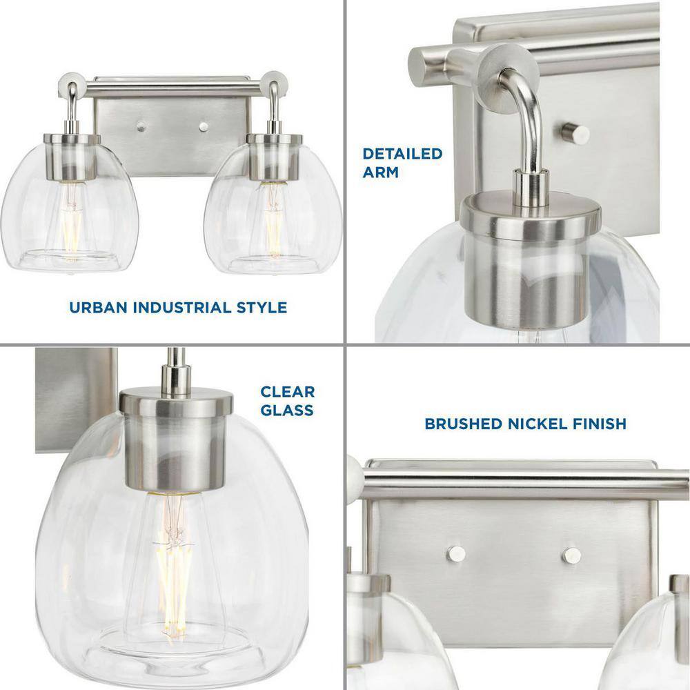 Caisson 14.62" Brushed Nickel Vanity Light with Clear Glass Shades
