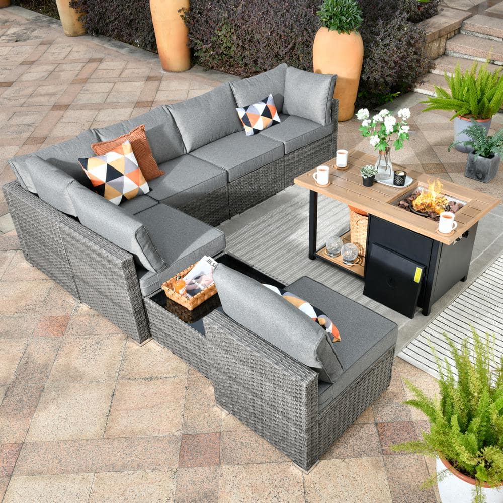 Hooowooo Messi Gray 8 Piece Wicker Outdoor Patio Conversation Sectional Sofa Set With A Storage 3398