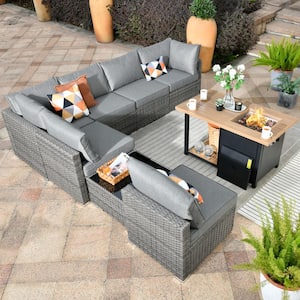 Messi Gray 8-Piece Wicker Outdoor Patio Conversation Sectional Sofa Set with a Storage Fire Pit and Dark Gray Cushions