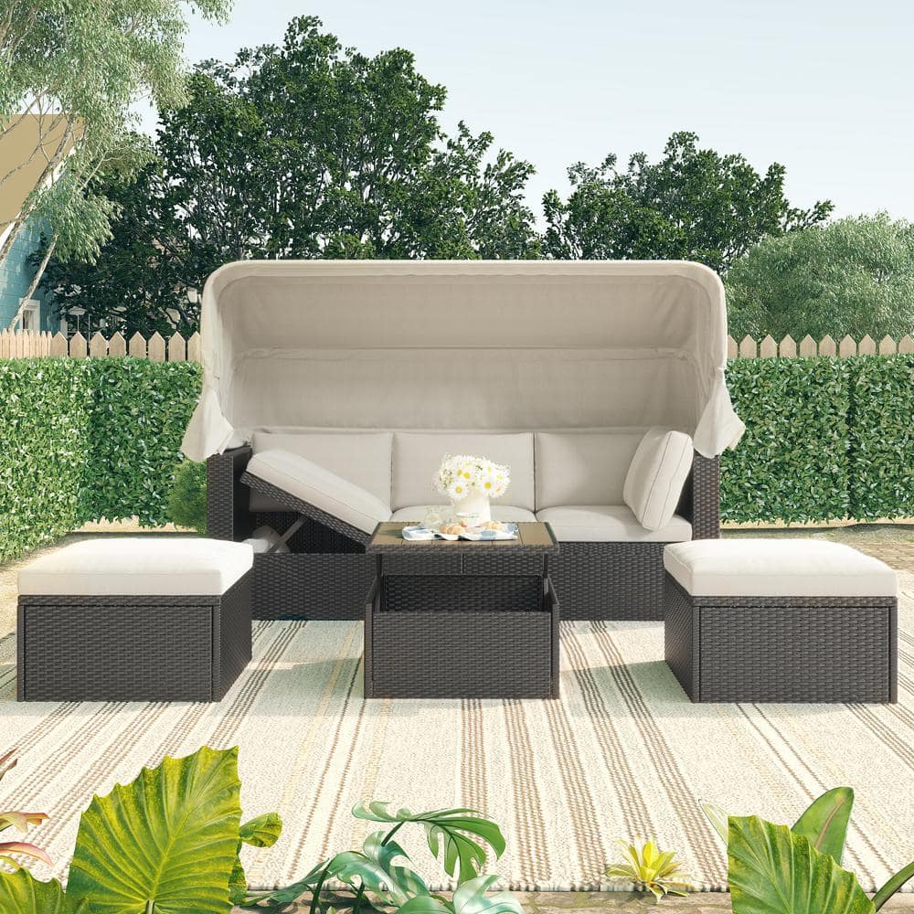 Black Wicker Outdoor Rectangle Day Bed with Retractable Canopy and Beige Cu