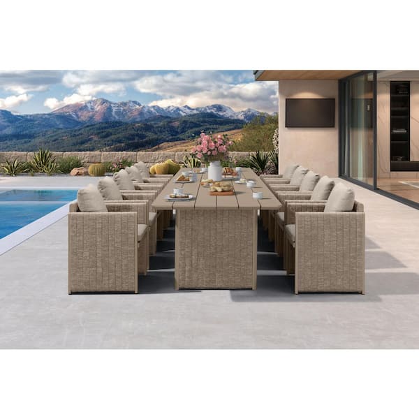 11-Piece Aluminum Outdoor Dining Set All-Weather Modern Rectangular Dining Table and Chairs with Olefin Cushions, Beige