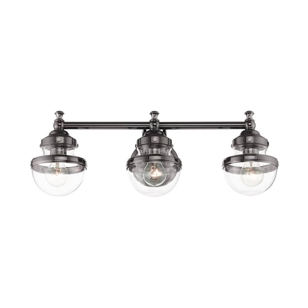 Polished Black Chrome 3-Light Vanity with Hand Blown Clear Glass