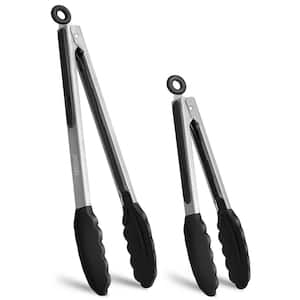 2-Piece Black Cooking Accessories Stainless Steel Silicone Tongs