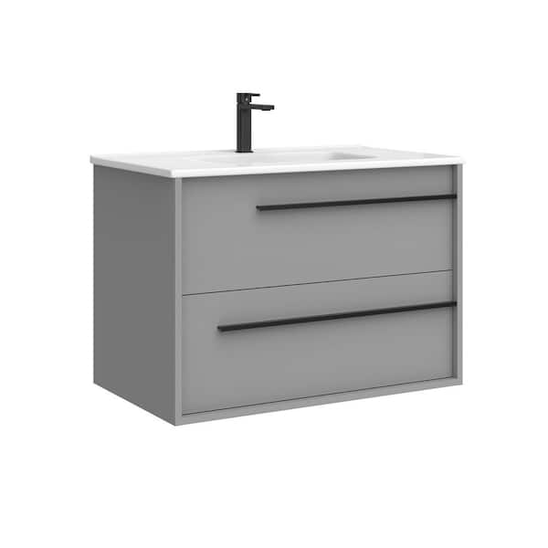 WS Bath Collections Lotus 32.0 in. W Single Basin Wall Mounted Bath Vanity in Mist Matte with Ceramic White Top