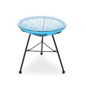 Wicker And Tempered Glass Outdoor Side Table Patio Bistro Coffee Table in Blue