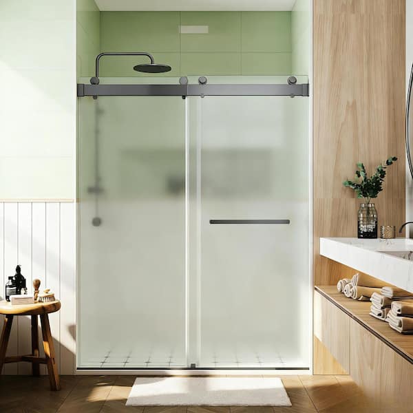 56-61 in. W x 76 in. H Double Sliding Frameless Shower Door in Gungray 3/8 in. Frosted SGCC Glass with 1-Towel Bar