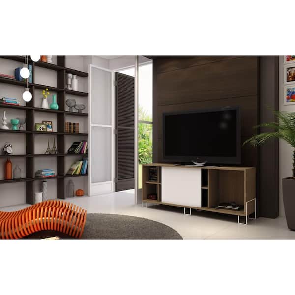 Manhattan Comfort Nacka 2.0 53 in. Oak and White Composite TV Stand Fits TVs Up to 46 in. with Storage Doors