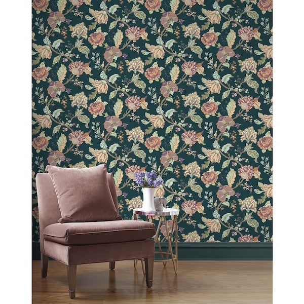 56 sq. ft. Victorian Jade Lana Jacobean Floral Prepasted Paper Wallpaper Roll