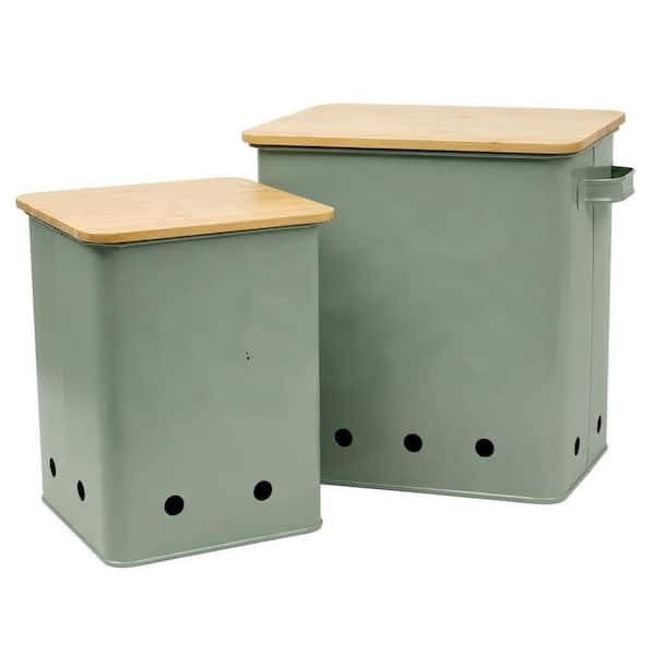 Vintage Green Kitchen Vegetable Storage Canisters, 2-Piece Set, Alloy Steel with Wood, Large Capacity Keep Produce Fresh