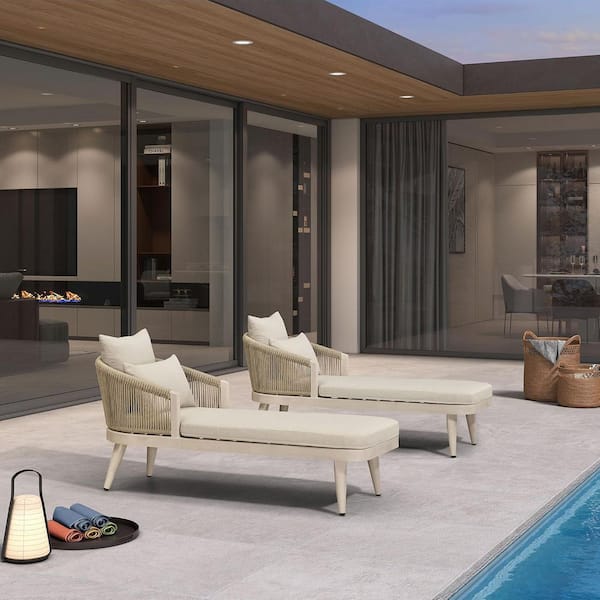 2 Pieces Classic Aluminum Outdoor Lounge Chaise with Cushion PE Rattan Armrest All Weather, Matte White