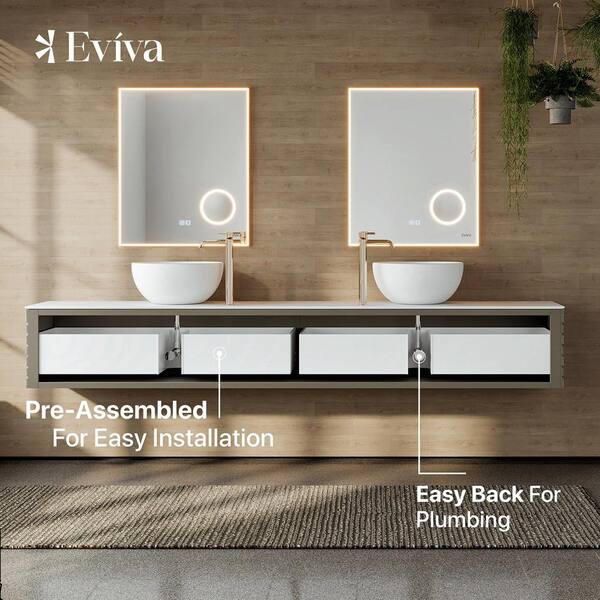 Eviva Dream 78 in. W x 20 in. D x 14 in. H Double Sinks Floating Bath Vanity in Smog Grey with White Solid Surface Top