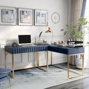 Gotheimer 56.75 in. L-Shaped Blue and Gold Writing Desk Set with Lift-Top