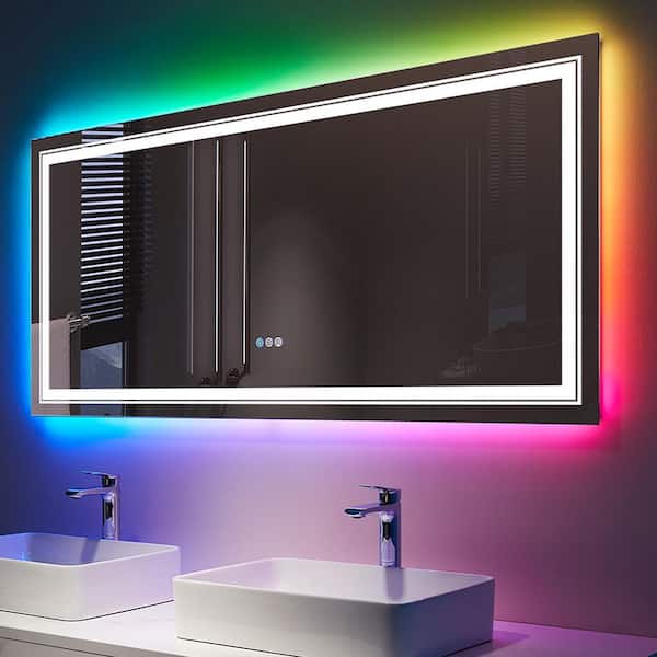 Iridescent 84 in. W x 32 in. H Rectangular Frameless RGB LED Lighted Defog Wall Mount Bathroom Vanity Mirror