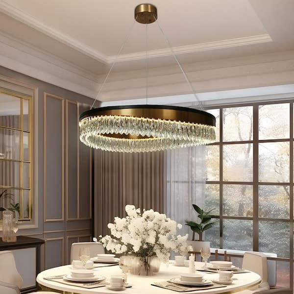 Delphinium 1-Light Dimmable Integrated LED Matte Black and Plating Brass Crystal Wagon Wheel Chandelier for Living Room