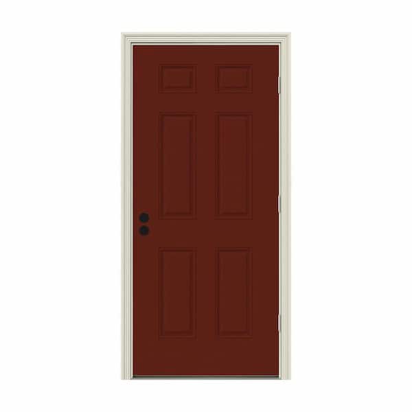 JELD-WEN 30 in. x 80 in. 6-Panel Mesa Red Painted w/ White Interior Steel Prehung Left-Hand Outswing Front Door w/Brickmould