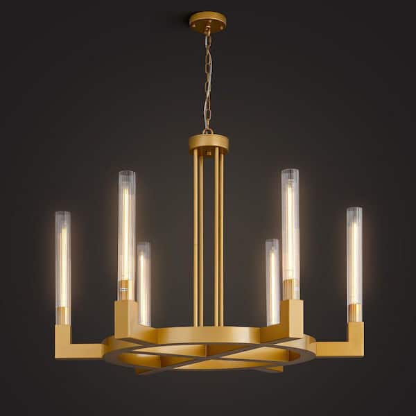 Gleam Flare 35 in. 6-Light Farmhouse Chandelier, Gold Wagon Wheel Chandelier with Glass Tube for Dining Room, Living Room, Entryway