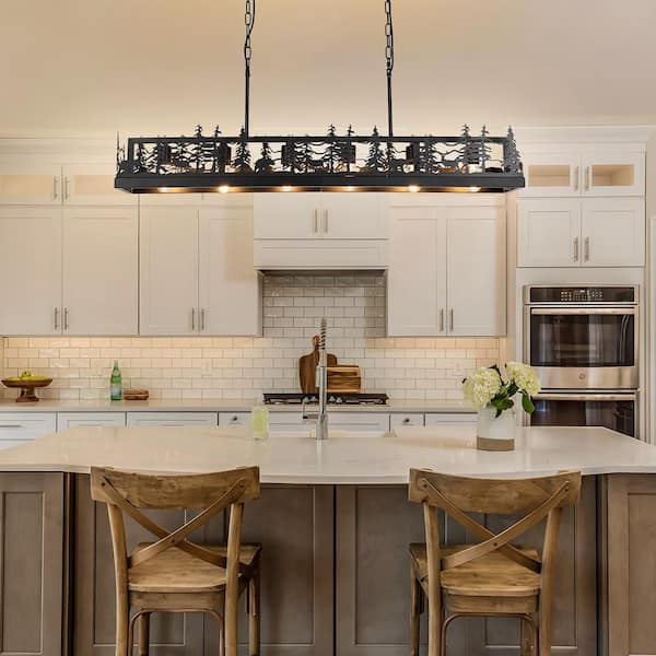 JUSHENG 6-Light Black Farmhouse Linear Chandelier Ambient Rustic
