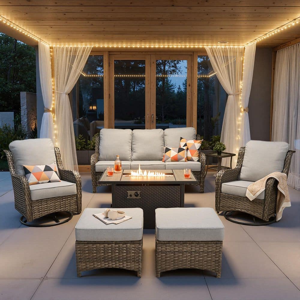 Nerium B 7-Piece Wicker Outdoor Patio 42 in. Fire Pit Conversation Set with Swivel Rocking Chairs and Gray Cushions price history on PriceWatchPro