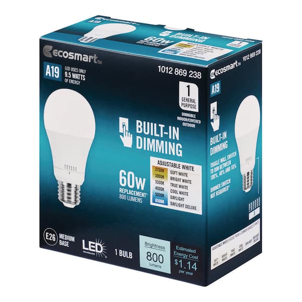60-Watt Equivalent A19 E26 Base Dimmable and Built in Dimming LED Light Bulb with Selectable Color Temperature (1-Pack)